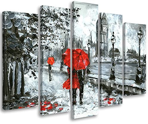 Feeby 5-teilig Vlies Leinwandbild 200x100 cm London England Big Ben Vereinigtes Königreich Wanddeko Design Kunstdruck Zimmerdeko Bilderwand Roter Regenschirm Gemälde Gehendes Paar Rot