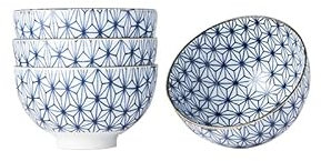 MIJ Europe Schüsselset, Keramik Japanische essservice, Müslischalen Set, Weiß & Blau, Sternturm-Muster, 11 cm Durchmesser, 200 ml, 4 - Teilige Schüsselset, 4 x Schüssel, Geschenkset