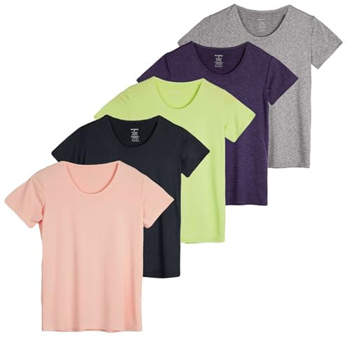 5 Pack: Women's Dry Fit Tech Stretch Short-Sleeve Crew Neck Athletic T-Shirt (Available in Plus Size), Set 11, M