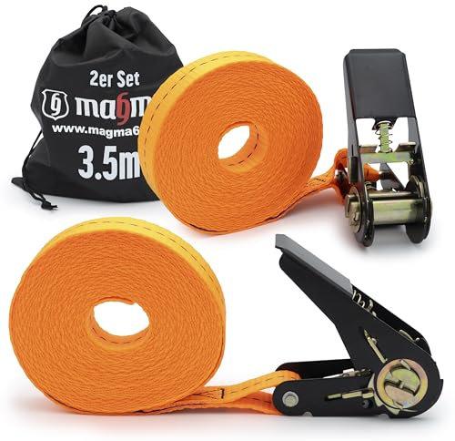 MAGMA 2 Spanngurte mit Ratsche 3,5m I Befestigungsriemen, Dachträger, Anhänger | Längenverstellbare Spannriemen | Binden Sie Kajak, Surfbrett, Kanu, Fahrrad, Motorrad | Last: 1600kgf/Unit. Orange