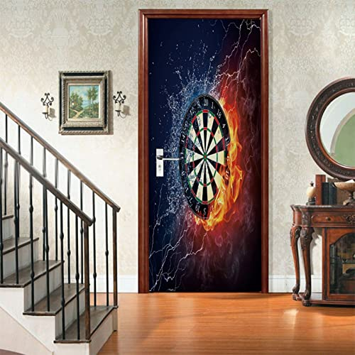A.Monamour Türtapete Selbstklebend Türfolie Türposter 3D Dartscheibe In Feuer Und Wasser Auf Schwarzem Hintergrund Vinyl Folie Türdeko Tapete Wandbild Türaufkleber Türtattoo 77x200cm