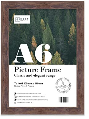 Almost Frameless A6 Walnut Picture Frame 4.1x5.8(10.5x14.8cm) Poster, Photo, Artwork, or Print. Thin Edge Slim Frame Portrait and Landscape Display with Wall Hooks