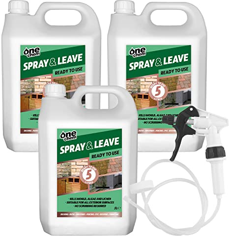 One Chem 3 x 5 Litre Ready To Use Spray and Leave with added Long Hose Trigger Spray - Fencing Patio Decking Driveway - Green Algae and Mould Killer
