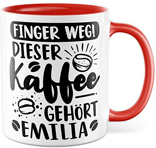 Kaffee-Tasse personalisiert mit Spruch lustig - FINGER WEG! Dieser Kaffee gehört eigener Name - Geschenk personalisierbar Geschenk-Idee Büro personalisieren Kaffee-Becher (Weiß & Rot)