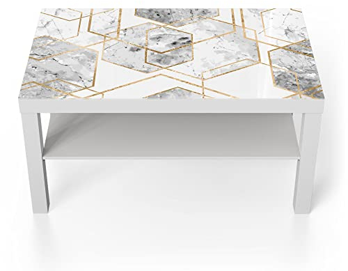 DEQORI Glastisch | weiß groß 90x50 cm | Motiv Goldgerahmte Sechsecke | ausgefallener Beistelltisch aus Glas | Hochglanz Couchtisch fürs Wohnzimmer | moderner Couch Tisch mit Design