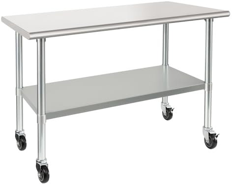 HARDURA Mesa de Acero Inoxidable con Ruedas 61×122cm Mesas de Preparación de Alimentos con Estante Bajo y Patas Galvanizadas para Restaurante, Cocina, Bar, Hotel, Garaje