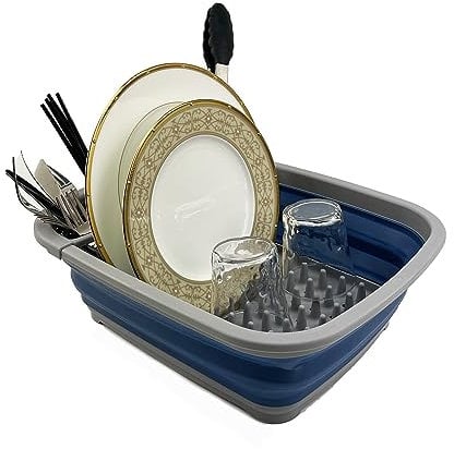 SAMMART 8L zusammenklappbares Abtropfgestell aus Kunststoff – Faltbarer Wäscheständer – tragbarer Geschirr-Organizer – platzsparende Küchenablage (Grau/Nebel Blau(Abtropfgestell))