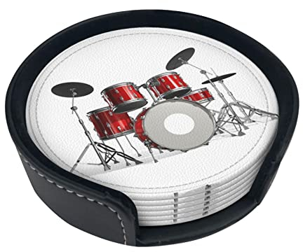 Cooles Trommel-Set, Leder-Untersetzer, modisch, bügelfest, rund, 10,2 cm, Getränkeuntersetzer-Set (6-teiliges Set) mit Aufbewahrungsbox, Tischdekoration und Schutz