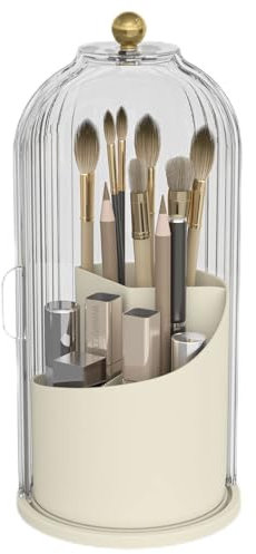 Emljkvp Make-up-Pinselhalter mit staubdichter Abdeckung, um 360 Grad drehbar, Make-up-Pinsel-Organizer für Schminktisch, Badezimmer, Weiß/Beige