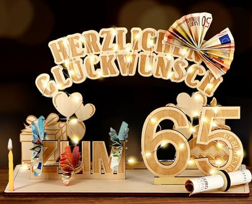 Giftota Original 65. Geburtstag Geldgeschenke Holz mit LED Lichterkette, Geschenke zum 65 Geburtstag Mann Frau, 65. Geburtstagsgeschenk Dekoration