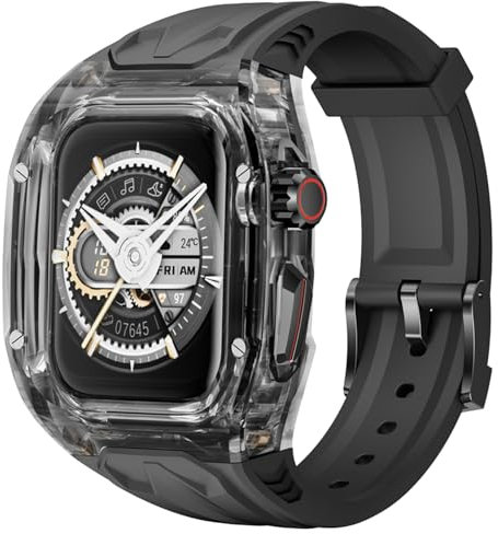 Delidigi Duradera TPU Correa Apple Watch con Transparente Protector Compatible con Apple Watch Series 9/8/7(45mm) iWatch Series 6/5/4/SE/SE2(44mm)-Negro+Negro Translúcido