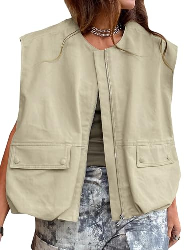 Acrawnni Übergroße Cargo-Weste für Damen, lässig, ärmellos, lockere Passform, durchgehender Reißverschluss, gerüschter Saum, Blazer, Weste, Tops mit Taschen, A-Kaki, L