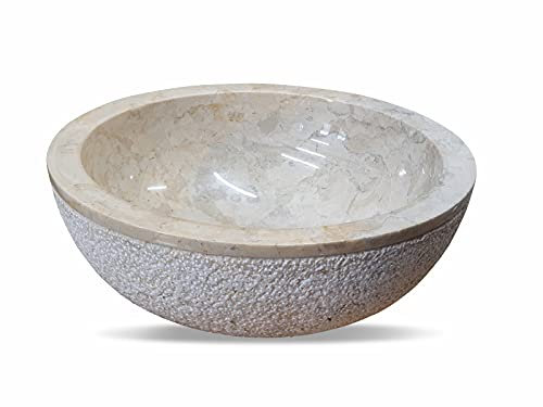 Lavabo en pierre naturelle en marbre - Vasque à poser, en 2 tailles, avec surface extérieure rugueuse et surface intérieure polie - Pierre calcaire beige avec grain clair (diamètre 30 cm)