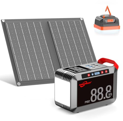 POWSTREAM Generador solar de 24000 mAh con salida de CA de 120 W pico, estación de energía portátil de 88.8 Wh con paneles de 21 W incluidos y linterna de camping de 248 lm, banco de energía solar