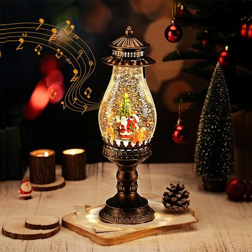 Auniq Weihnachts Schneekugel Laterne mit Musik & Licht, 12.6in Wasser Glitzernde Laterne Spieluhr Beleuchtete Lampe Nachtlicht USB/batteriebetrieben Weihnachtsmann Weihnachten Dekoration Geschenke