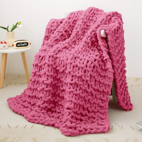Viviland Decke Grob Gestrickte, Grobstrick-überwurf Strickwolle Dickes Garn, 100% Dicke Wolle Zum Handstricken Strickdecke, überwürfe Für Sofa Gestrickte Bettüberwurf-DeckenFürBetten, 127x152cm, Rose