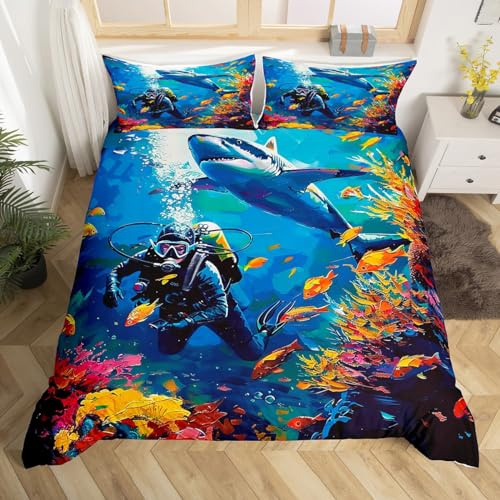 Hai Bettbezug Set S Größe,Unterwasser Welt Taucher Bettwäsche Set,Bunte Fisch Sea Life Tröster Abdeckung Kinder Mädchen Jungen Teens,Retro Ölkunst Malerei Quilt Cover,kein Tröster