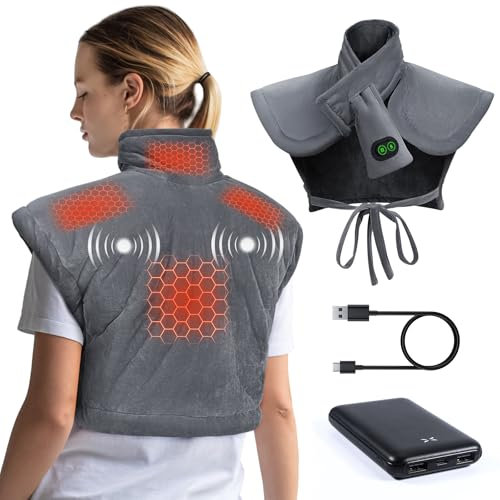 Arlierss Graphène Coussin Chauffant pour Cou et Dos avec Batterie 10000mAh, Coussin Chauffant Électrique avec 3 Niveaux Réglage Température & 3 Modes de Massage, Fonction D'arrêt Automatique