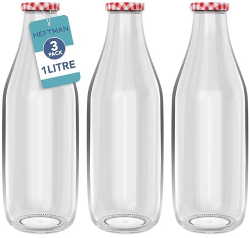 HEFTMAN Lot de 3 bouteilles de lait en verre avec couvercles – Bouteilles de lait vides de 1 litre avec couvercles vichy rouge pour boissons, boissons et décoration – Bouteilles de jus en verre rétro