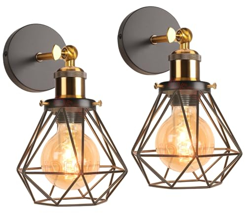 iDEGU 2 Stück Wandleuchten Vintage Wandlampe Innen Industrie Lampe Metall Käfig Lampenschirm Schwarz Verstellbare Deckenleuchte Wandleuchte für Schlafzimmer Küche Flur Wohnzimmer (Messing Fassung)
