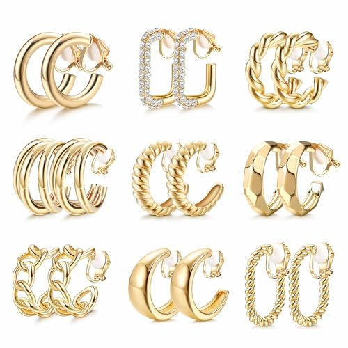 YADOCA 9 Paare Gold Clip Ohrringe Damen Hypoallergen 14K Vergoldet Gold Chunky Creolen Ohrclips Ohne Ohrlöcher Klips Ohrringe Set Modeschmuck Geschenk -1