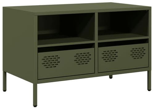 vidaXL Olive Green TV Cabinet/Stand – Cold-Rolled Steel Media Unit, 2 Drawers/Compartment Storage for Living Room/Bedroom - 68 x 39 x 43.5 cm