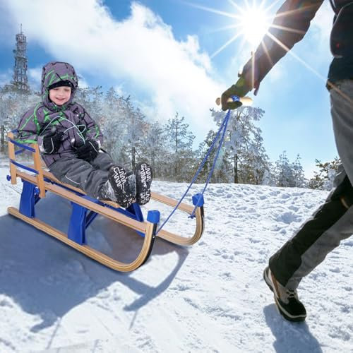 joukares Zusammenklappbarer Holzschlitten, Kinderschneeschlitten mit Rückenlehne und Zugseil, Holzschlitten für Kinder, Faltbare Holzschneeschlitten für Winterspaßaktivitäten und Schneespiele Ho