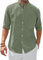 siliteelon Mens Shirts No Collar Tea Green Men's Long Sleeve Collarless Linen Shirts Regular Fit Beach Travel Shirt with Pocket Holiday,Vacation