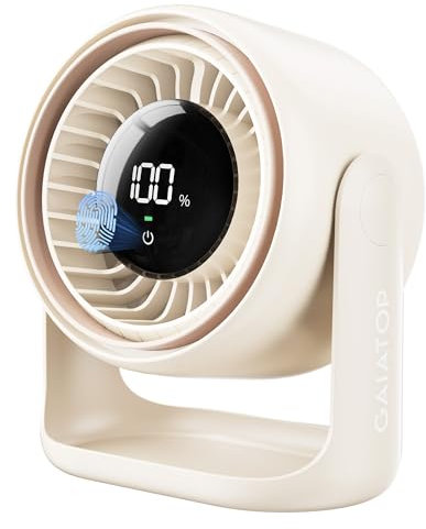 Gaiatop Desk Fan, Touch Control LED Display Small Portable Fans, 5 Speeds Strong Wind, Ultra Quiet Rechargeable 4000mAh Battery Operated Table Desktop for Bedroom, Office, Dorm, Bedside, Home, Beige