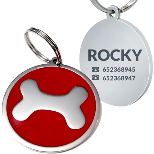 Chapa de Identificación Personalizada para Perros y Gatos – Placa Grabada de Acero Inoxidable con Nombre y Teléfono – Ideal para Mascotas Pequeñas, Medianas y Grandes (Redondo hueso rojo 37 cm)