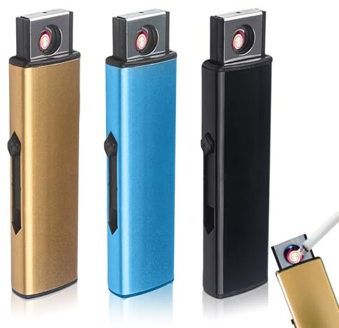 Elektronisches Feuerzeug, 3 Stück Sturmfeuerzeuge elektrisch, Elektrisch Feuerzeug mit USB-Anschluss, Doppelseitige Zündung Flammenloses, Winddicht, Wiederaufladbar, Ohne Gas (Schwarz+ Silber+ Blau)