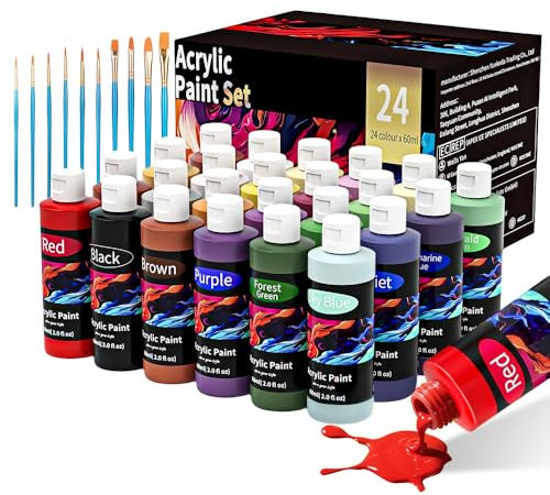 Juego de pinturas acrílicas de 24 x 60 ml con 24 colores (blanco, negro, oro, verde), resistente al agua, a la luz y de secado rápido, para lienzo, papel, telas y niños, incluye pinturas metálicas