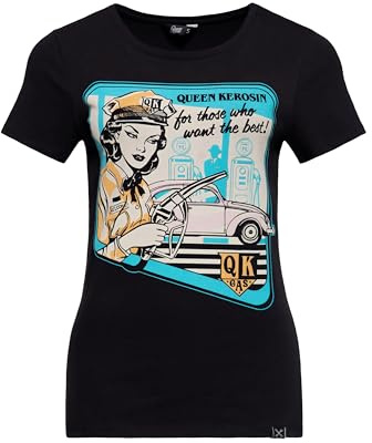Queen Kerosin Damen T-Shirt · Print Shirt · Kurzarm · Rundhals · Slim Fit · Vintage · 50s · Retro · Rockabella · Oldtimer · Comic Art · Elastisch · Top · Schwarz · Qk Gas