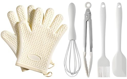 5 Pcs Silicone Oven Gloves Heat Resistant, Silicone & Cotton Double Layer BBQ Gloves Non-slip Kitchen Gloves with 4 Baking Tools for Barbecue Grilling Microwave - Cream