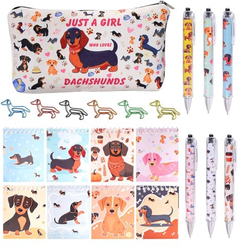 XIAZHDZ Dackel Geschenke Set Dackel Einschulung Mädchen Geschenk Dackel Deko Stifte Mäppchen Notizbuch Büro Schule Perfekte Dackel Geschenke für Frauen, Männer und Kinder