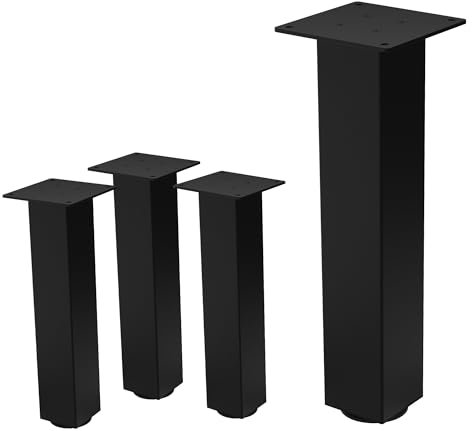 ML-Design Lot de 4 Pieds de Table I-Design 42 cm, Noir Brillant, en Acier Laqué Epoxy, Carré, Profil 8x8 cm, Pieds de Meuble Réglables en Hauteur 1-4 cm, Pieds de Support pour Tables Basses, Bancs