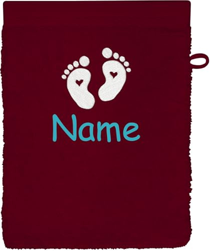 Schnoschi Waschlappen mit Namen, Text oder Motiv Bestickt, personalisiertes Handtuch, individueller Waschhandschuh, Lappen oder Gesichtstuch mit Initialen, 100% Baumwolle, 16 x 21 cm (Weinrot)