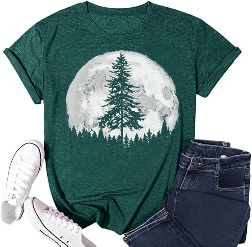 Moon Shirts for Women Pine Tree Forest Graphic Adventure T Shirts(Green M)