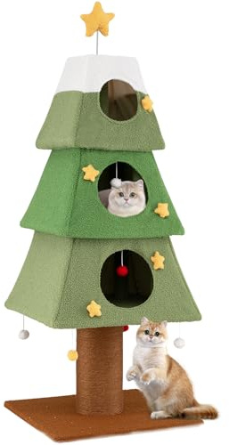 GYMAX 162cm Arbre à Chats de Thème Noël en Forme de Sapin, 3 Condos Tout Recouvert de Peluche Doux, Griffoir en Sisal et 6 Balles Suspendues à Jouer, Revêtement Amovile, Décoration Festive pour Maison