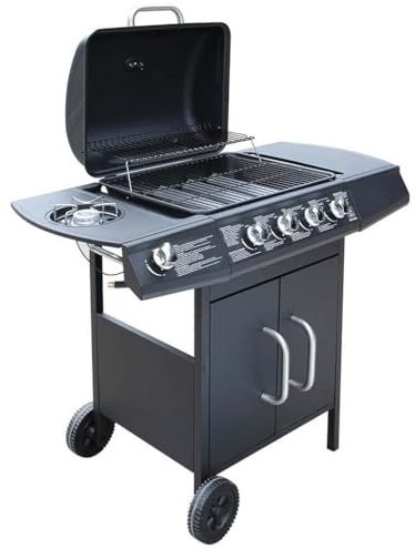 Mokuyary Gasgrill 4+1 Brenner Schwarz, BBQ Gas Grillwagen, Mobiler Grillrost Grill für Garten, Camping, Outdoor