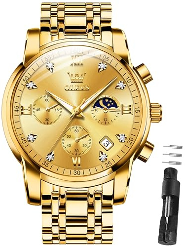 OLEVS Armbanduhr Herren Luxus Quarz Edelstahl Business Chronograph | Uhren Herren 3Bar Wasserdicht 42mm Zifferblatt mit Mondphase Datum Leuchtzeiger klassisch schlicht Geschenk für Männer