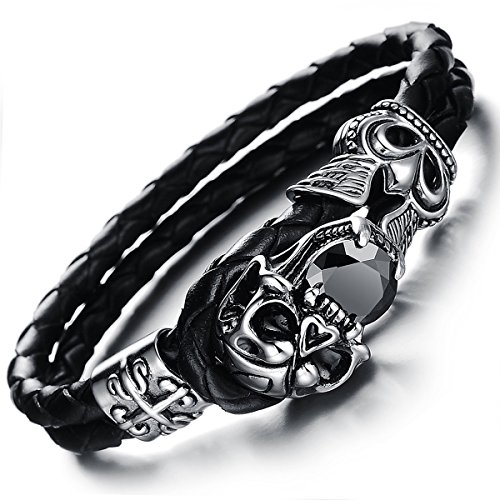 OIDEA Herren Armband Schädel aus Leder Edelstahl: Punk Rock Retro Totenkopf Vintage Armreif Schwarz Silber Skull Kopf Handgelenk Schmuck Geschenk für Männer Jungen