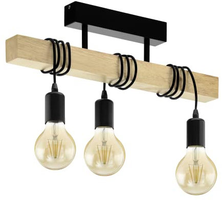 EGLO Deckenlampe Townshend, 3 flammige Vintage Deckenleuchte im Industrial Design, Retro Pendelleuchte aus Stahl und Holz, Farbe: Schwarz, braun, Fassung: E27