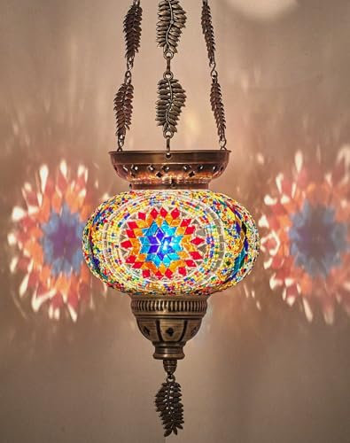 DEMMEX Türkisch-marokkanisches buntes Mosaik-Boho-Kerzenhalter zum Aufhängen, Laterne mit handgefertigter bunter Glaskugel und Metallblattketten, 61 cm (Space Fire)