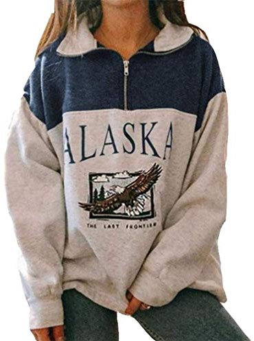 ORANDESIGNE Damen Pullover Alaska Buchstaben drucken Eagle Graphic Loose Casual Langarm Hip Hop High Neck Half Zip Sweatshirt A Blau S