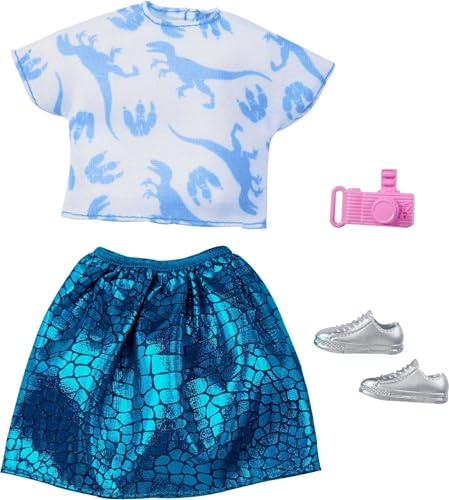 Barbie Jurassic World GRD48 Fashion Look Pack, Jupe Turquoise Brillante avec Chemise, Chaussures, Chaussures pour Appareil Photo et Collier, Multicolore