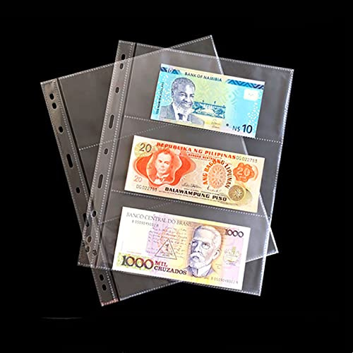 MUROAD 360 Taschen Währungsaufbewahrungsblätter, 9-Loch-Füllhüllen mit PP-Material, PVC- und säurefrei, 3-Taschen-Seite Geldscheinhalter Nachfüllblätter für Sammler