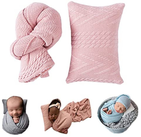 Coberllus Newborn Photography Props Blanket Stretch Knitted Twist Wrap & Posing Pad Prop for Baby Boys Girls Photo Shoot Set (Light Pink)