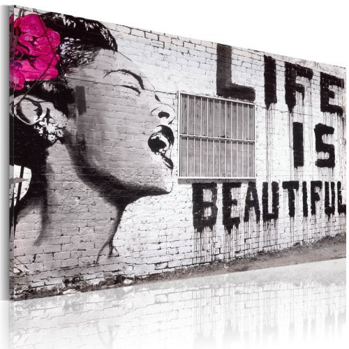 B&D XXL - Wandbilder XXL Banksy Life is Beautiful 120x80 cm 1 tlg - Wand Deko Vlies Leinwand Bilder Groß Wanddeko Wohnzimmer Schlafzimmer Kunstdrucke - Pop Art Street Art Graffiti 030115-4