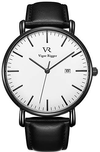 BUREI Vigor Rigger Klassische minimalistische ultradünne Armbanduhr mit weichem Lederarmband und Datumsanzeige